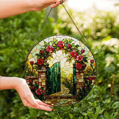 Garden gate rose arch design stained glass suncatcher window decor gift for mothers day or housewarming