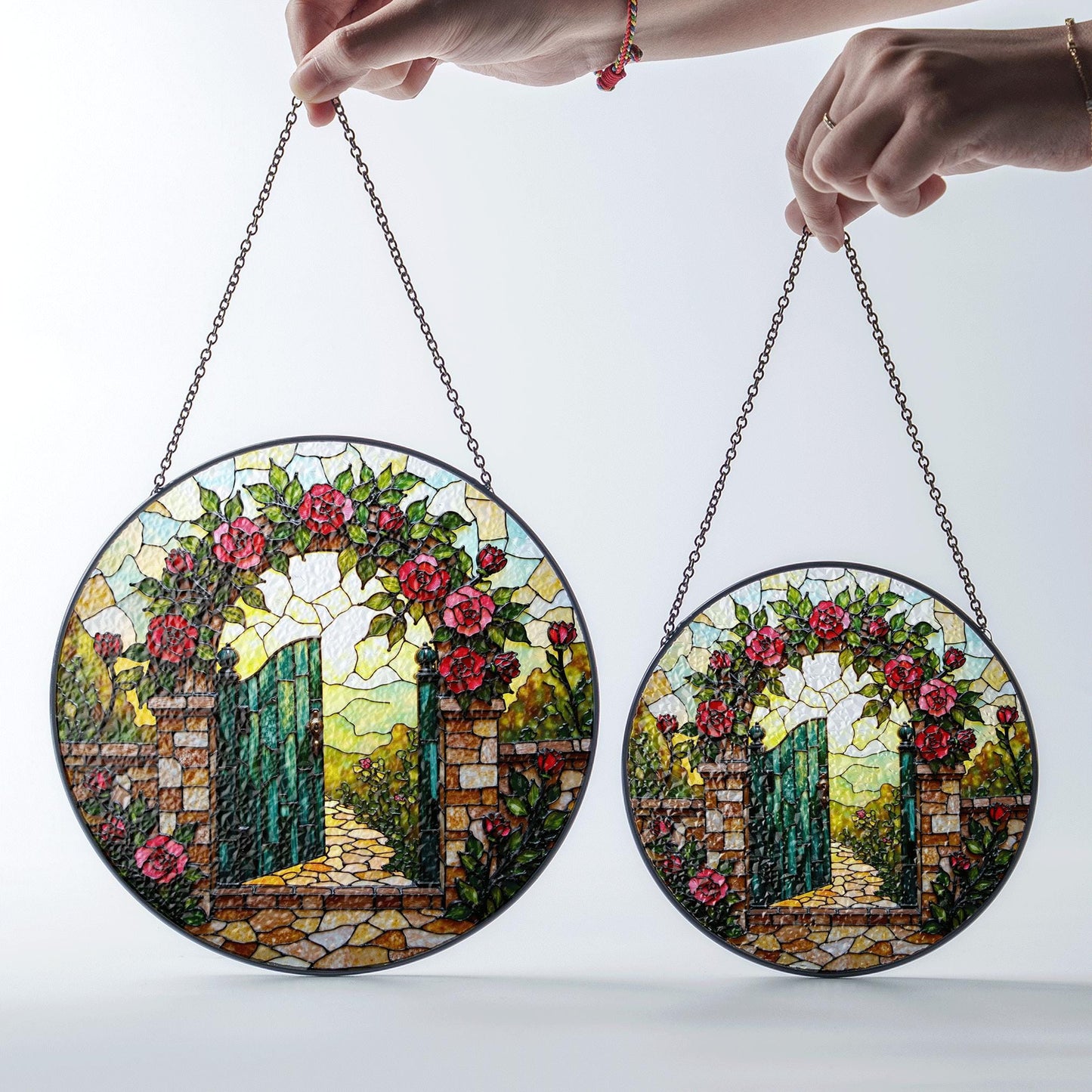 Garden gate rose arch design stained glass suncatcher window decor gift for mothers day or housewarming