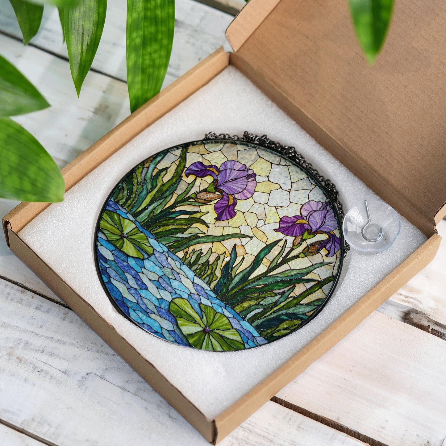 Purple iris garden stained glass suncatcher window decor floral ornament mothers day gift