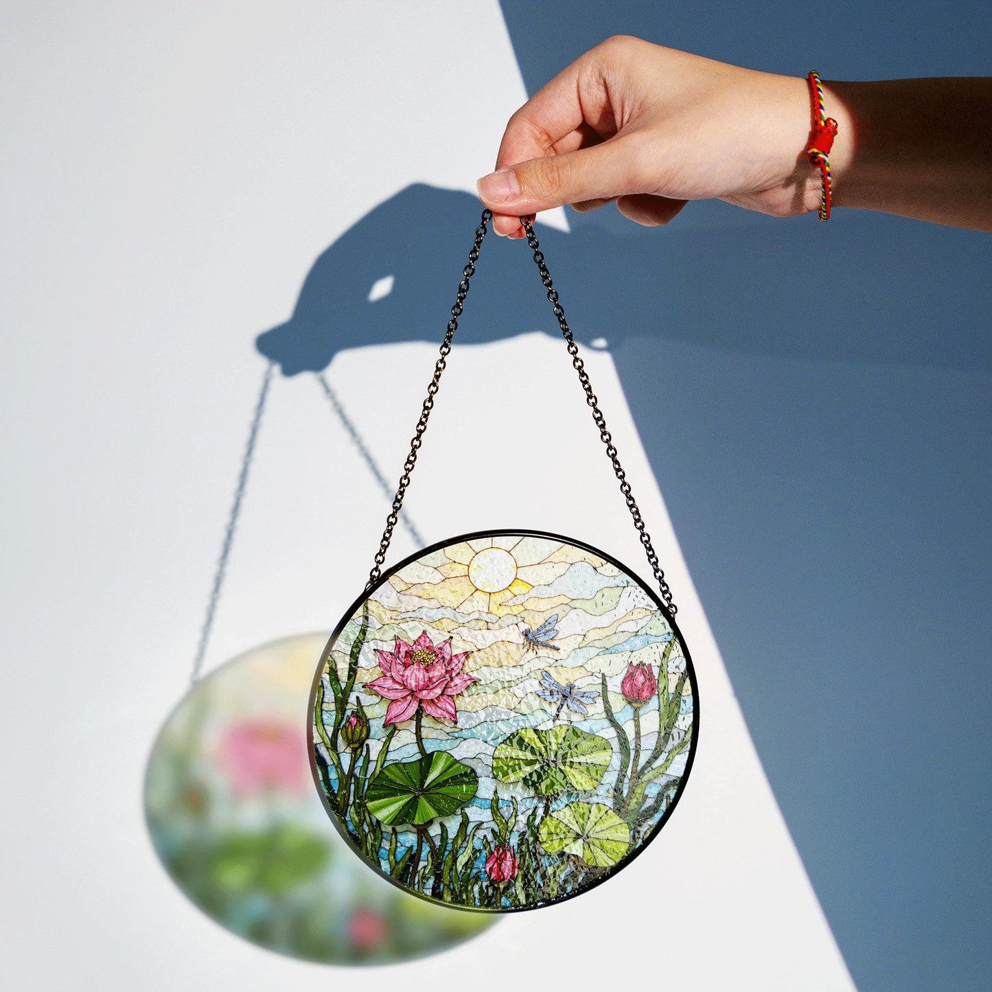 Pink Lotus Dragonfly Art Glass Suncatcher Round Window Hanging Nature Scene Gift for Mom or Garden Lover