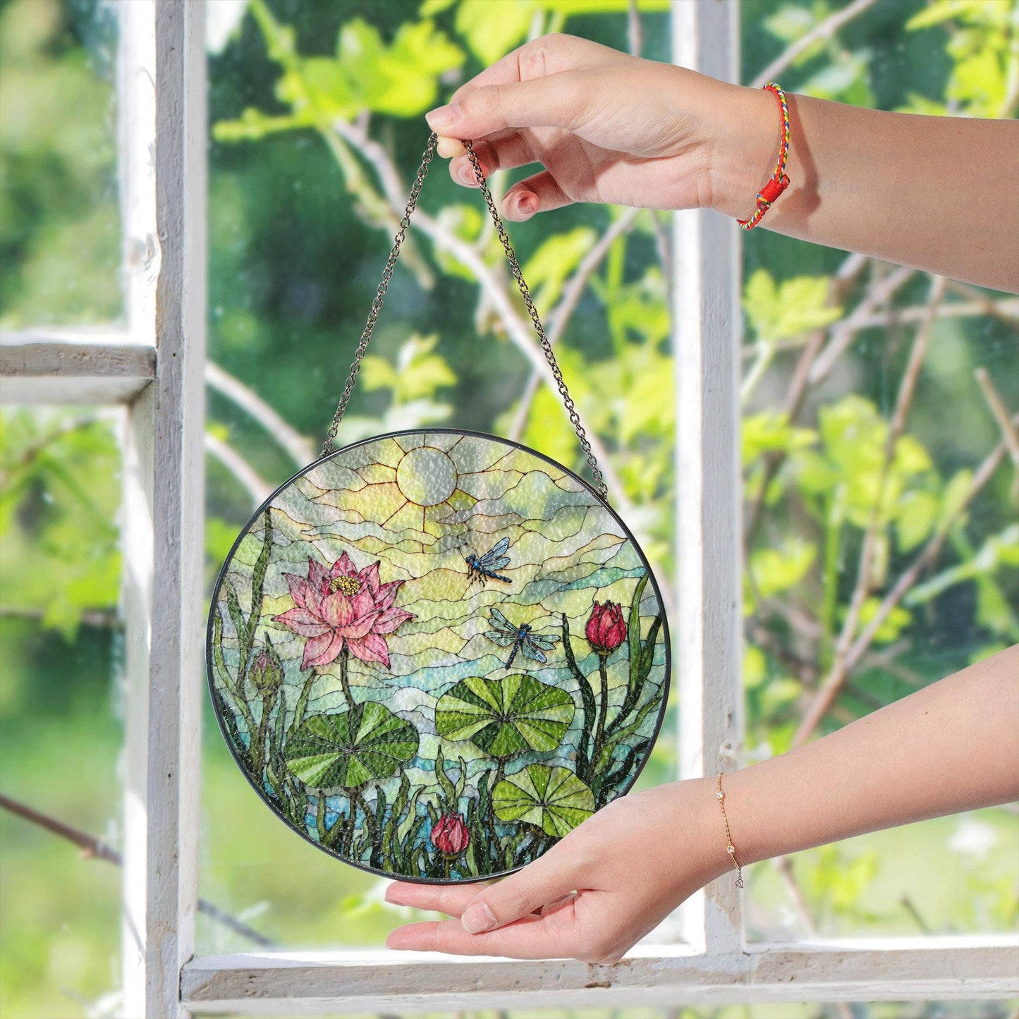 Pink Lotus Dragonfly Art Glass Suncatcher Round Window Hanging Nature Scene Gift for Mom or Garden Lover