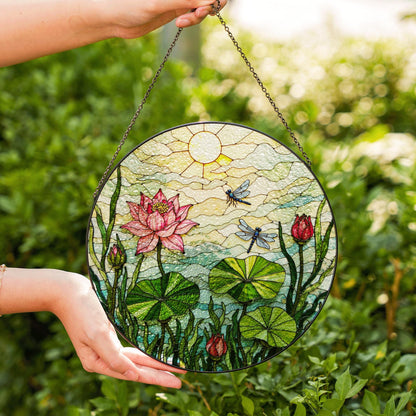 Pink Lotus Dragonfly Art Glass Suncatcher Round Window Hanging Nature Scene Gift for Mom or Garden Lover