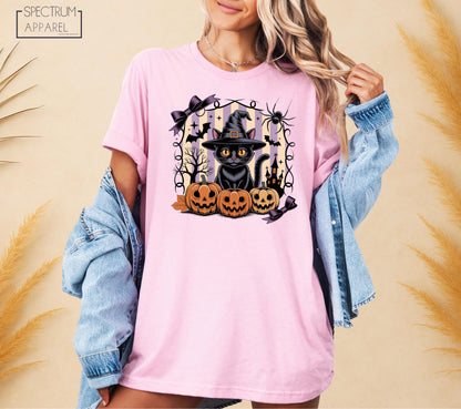 Halloween Black Cat T-Shirt, Spooky Witch Cat Shirt, Cute Pumpkin Cat October T-Shirt, Halloween Bat Fall Tee, Haunted House Autumn T-Shirt
