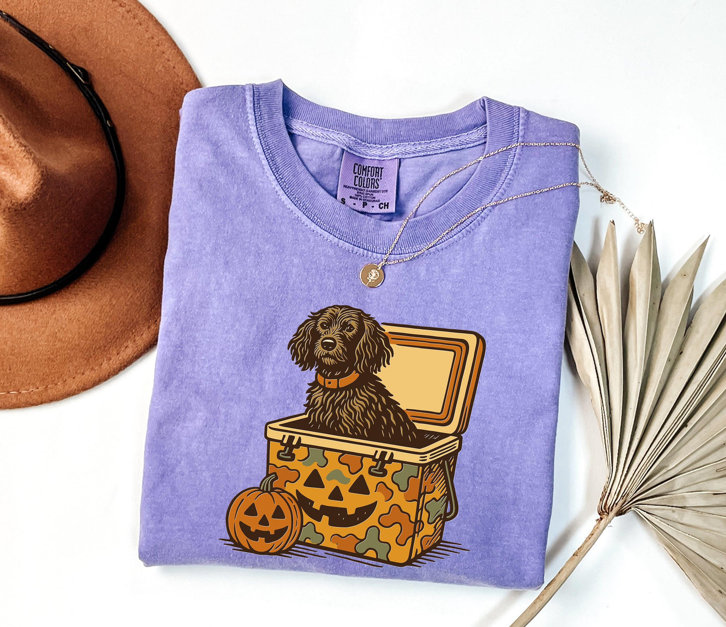 Comfort Colors® Boykin Spaniel Halloween Shirt, Dog in Camo Cooler with Pumpkin Face, Fall Hunting Dog Shirt, Southern Spooky Halloween Tee