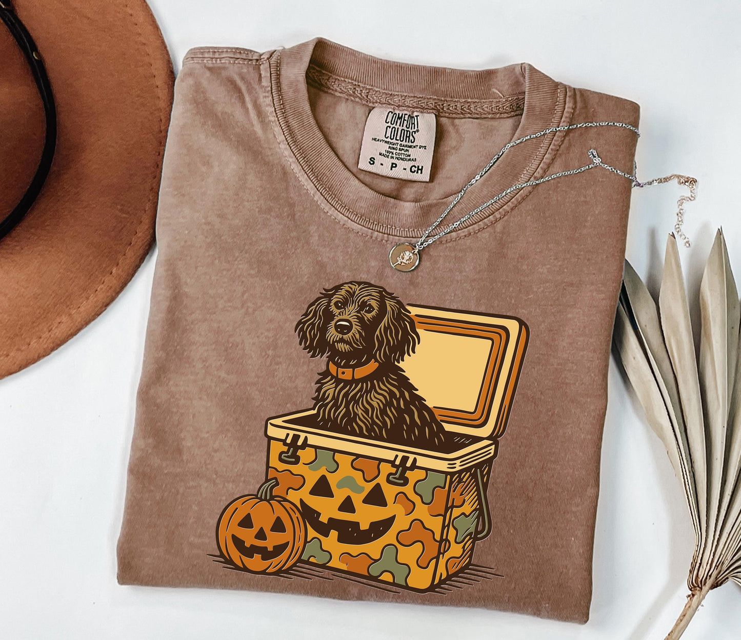 Comfort Colors® Boykin Spaniel Halloween Shirt, Dog in Camo Cooler with Pumpkin Face, Fall Hunting Dog Shirt, Southern Spooky Halloween Tee