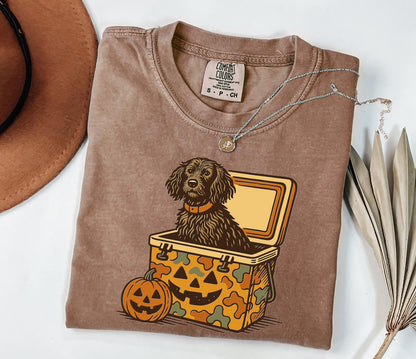 Comfort Colors® Boykin Spaniel Halloween Shirt, Dog in Camo Cooler with Pumpkin Face, Fall Hunting Dog Shirt, Southern Spooky Halloween Tee
