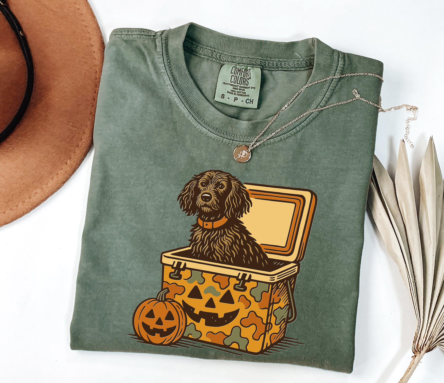 Comfort Colors® Boykin Spaniel Halloween Shirt, Dog in Camo Cooler with Pumpkin Face, Fall Hunting Dog Shirt, Southern Spooky Halloween Tee