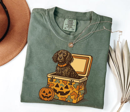 Comfort Colors® Boykin Spaniel Halloween Shirt, Dog in Camo Cooler with Pumpkin Face, Fall Hunting Dog Shirt, Southern Spooky Halloween Tee