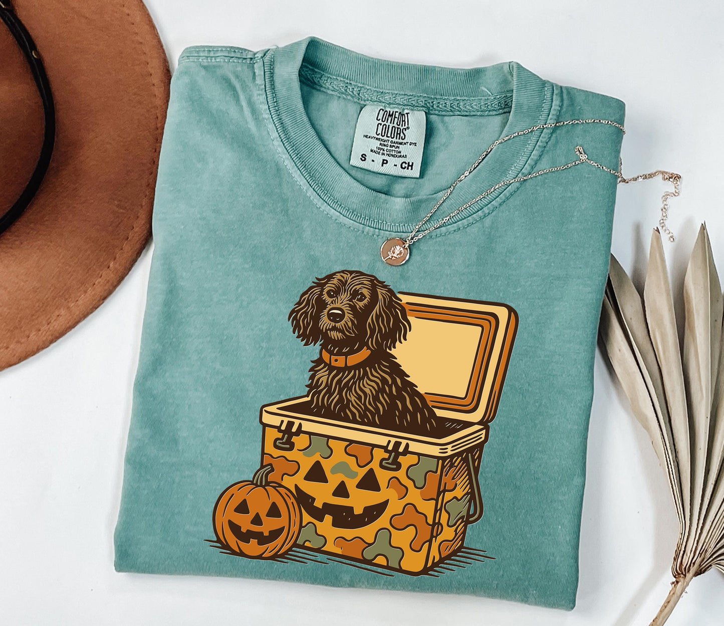 Comfort Colors® Boykin Spaniel Halloween Shirt, Dog in Camo Cooler with Pumpkin Face, Fall Hunting Dog Shirt, Southern Spooky Halloween Tee