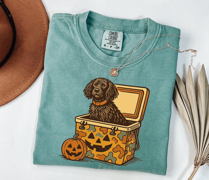 Comfort Colors® Boykin Spaniel Halloween Shirt, Dog in Camo Cooler with Pumpkin Face, Fall Hunting Dog Shirt, Southern Spooky Halloween Tee