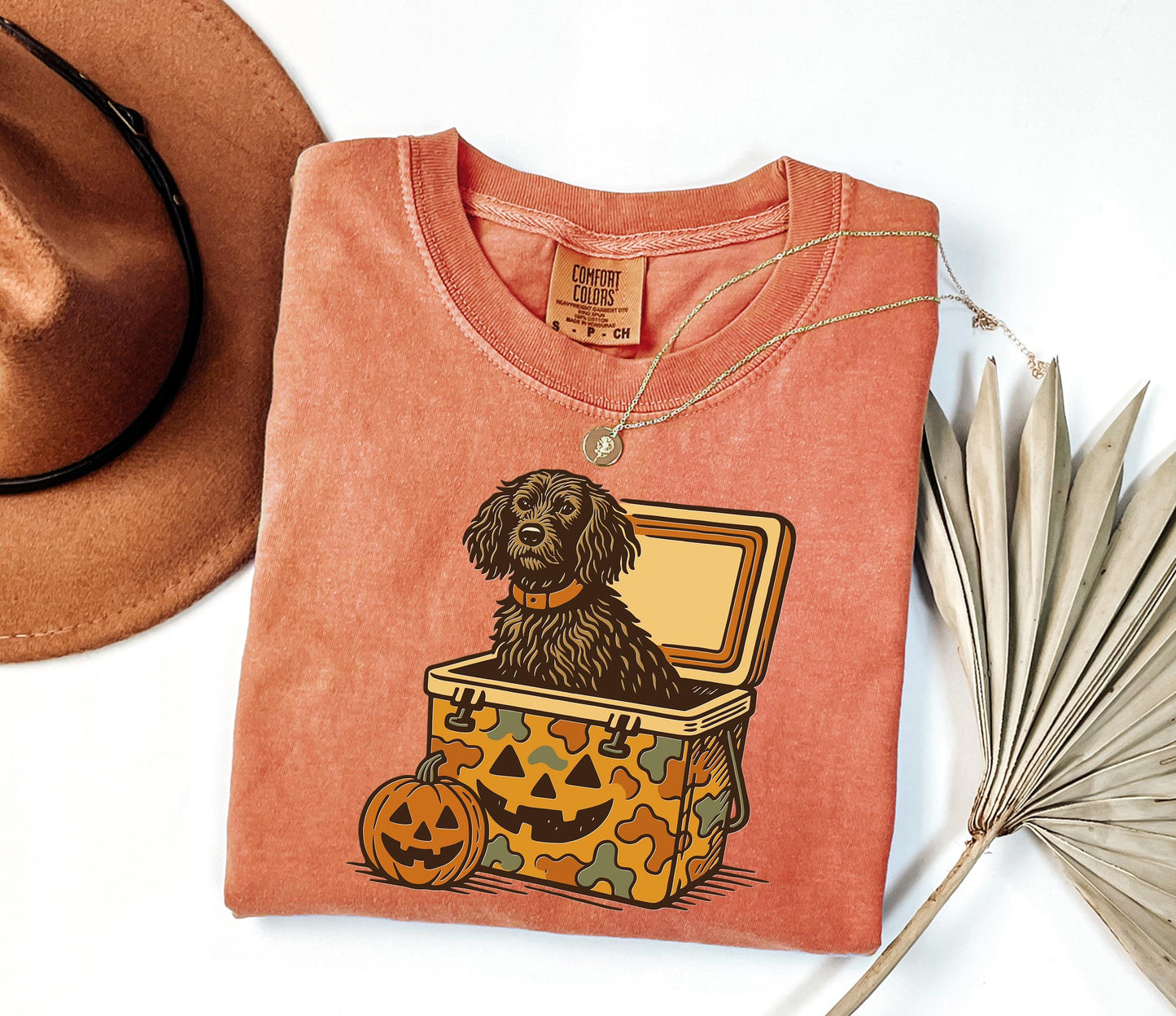 Comfort Colors® Boykin Spaniel Halloween Shirt, Dog in Camo Cooler with Pumpkin Face, Fall Hunting Dog Shirt, Southern Spooky Halloween Tee