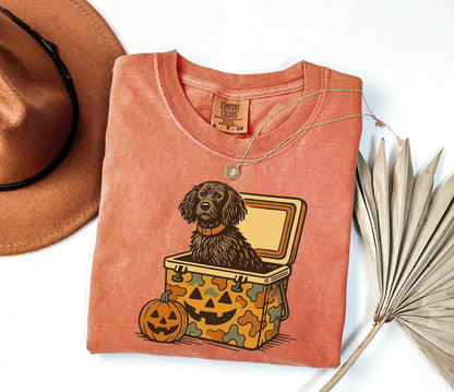 Comfort Colors® Boykin Spaniel Halloween Shirt, Dog in Camo Cooler with Pumpkin Face, Fall Hunting Dog Shirt, Southern Spooky Halloween Tee