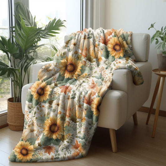 Fall Sunflower Pumpkin Blanket Autumn Thanksgiving Fleece Throw Cozy Watercolor Pumpkin Home Decor Flower Cottagecore Aesthetic Lovers Gift