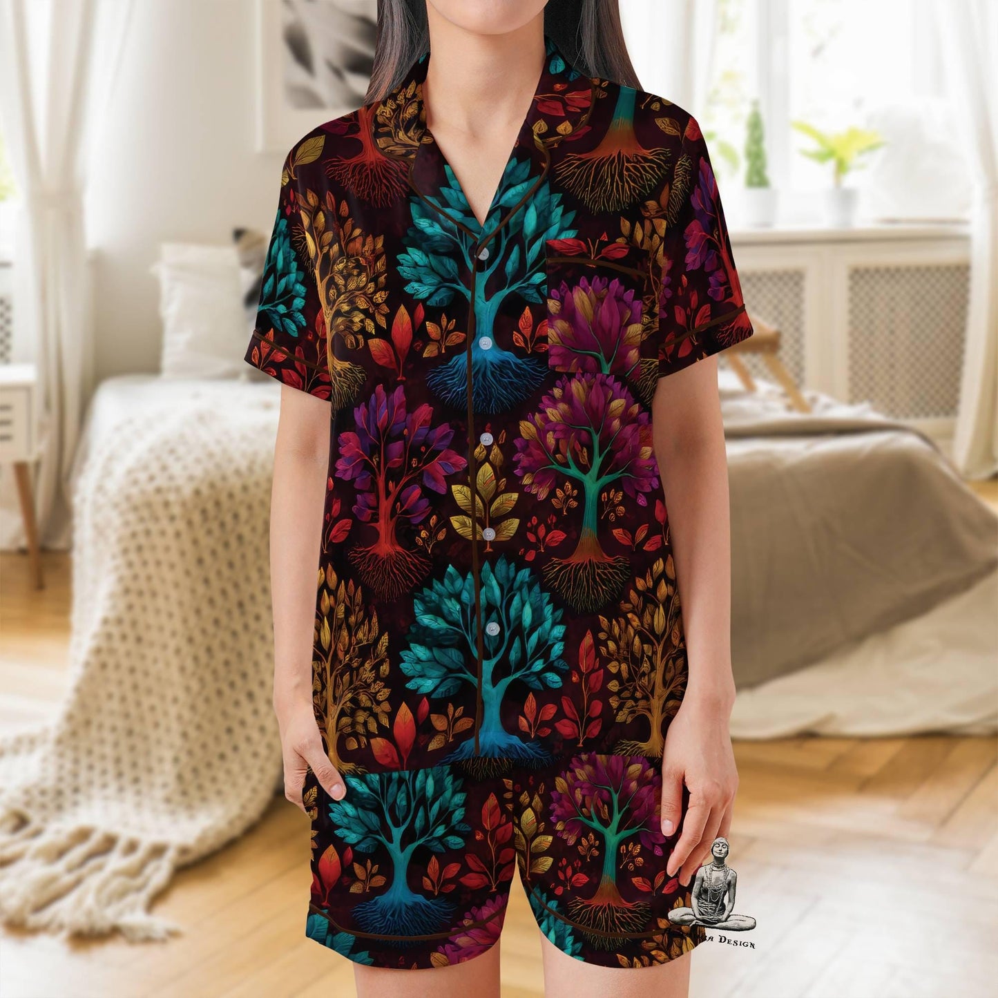 Tree of Life Pajama Set Short Sleeves, Tree of Life Woman's Satin Pajama Short Sleeve