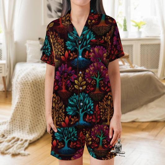 Tree of Life Pajama Set Short Sleeves, Tree of Life Woman's Satin Pajama Short Sleeve