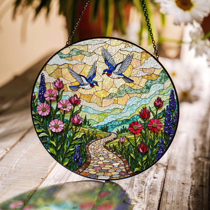 Bluebirds flying over flower path stained glass suncatcher window decor gift for mother birthday