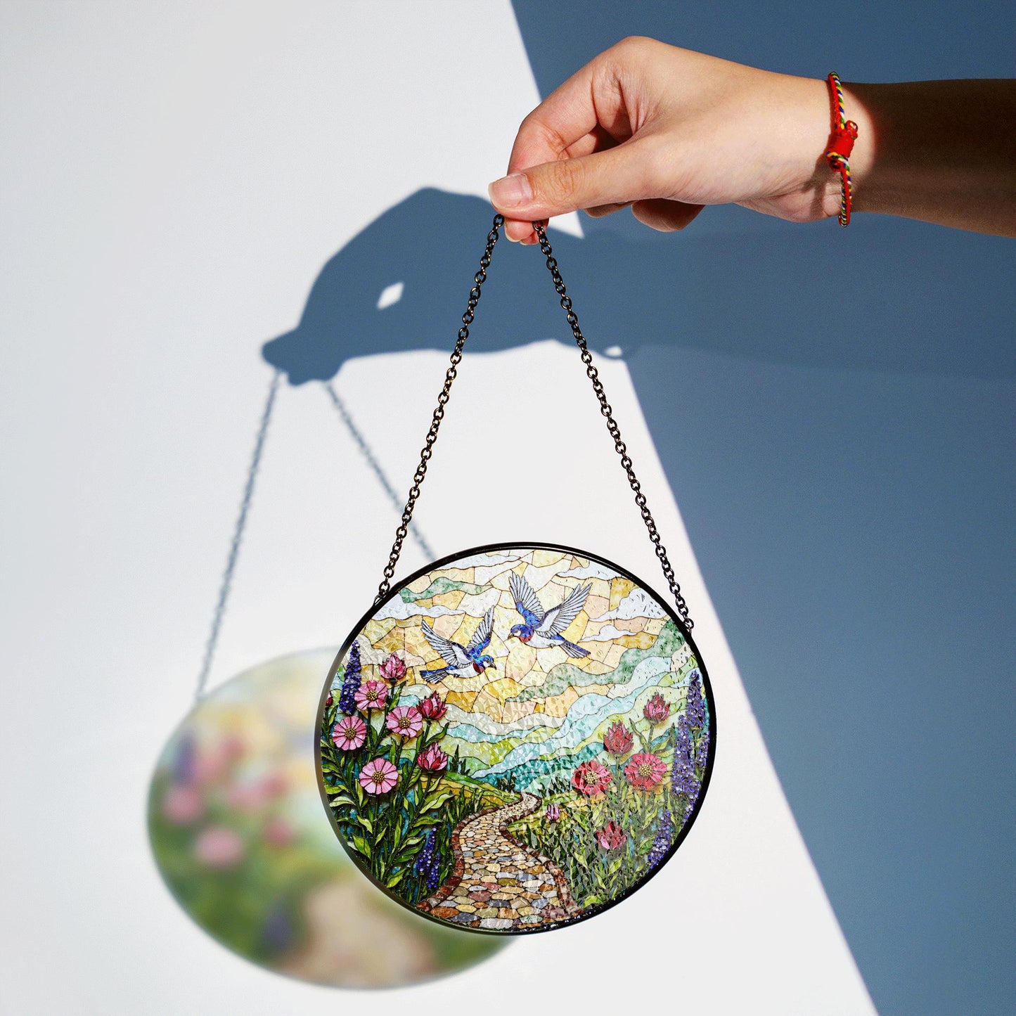 Bluebirds flying over flower path stained glass suncatcher window decor gift for mother birthday