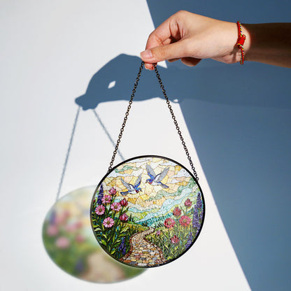 Bluebirds flying over flower path stained glass suncatcher window decor gift for mother birthday