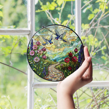Bluebirds flying over flower path stained glass suncatcher window decor gift for mother birthday