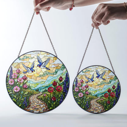 Bluebirds flying over flower path stained glass suncatcher window decor gift for mother birthday