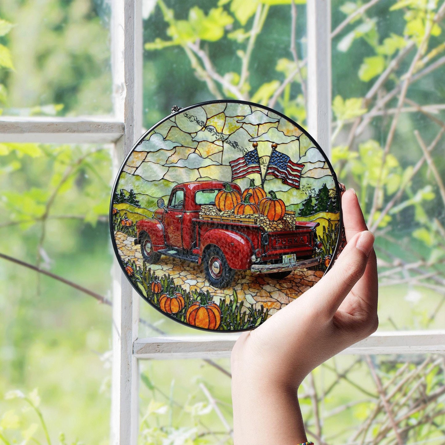 Red vintage truck with pumpkins and flags fall suncatcher window hanging patriotic Thanksgiving gift