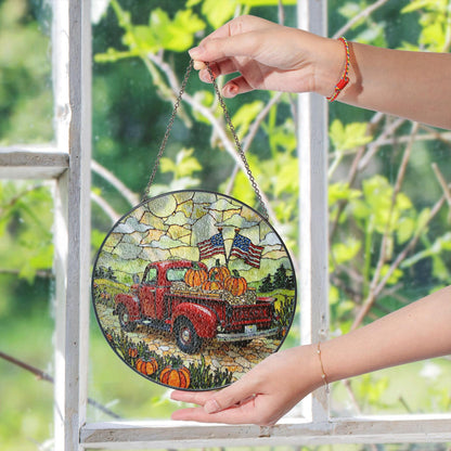Red vintage truck with pumpkins and flags fall suncatcher window hanging patriotic Thanksgiving gift