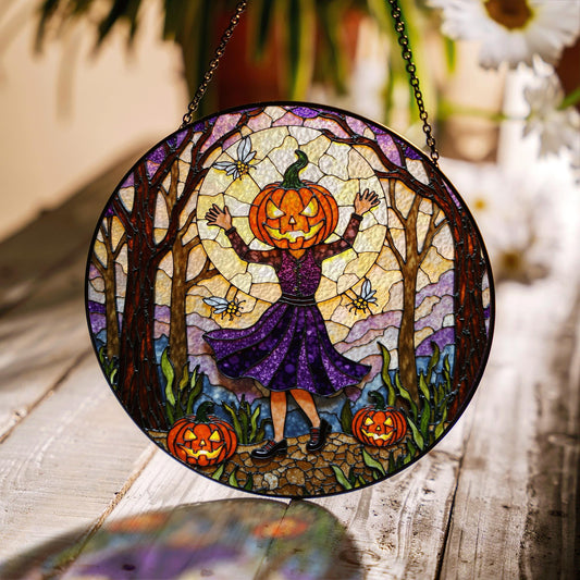 Pumpkin Head Girl in Forest Halloween Suncatcher Window Decor Gift