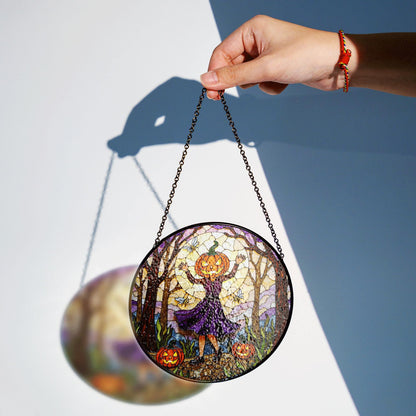 Pumpkin Head Girl in Forest Halloween Suncatcher Window Decor Gift