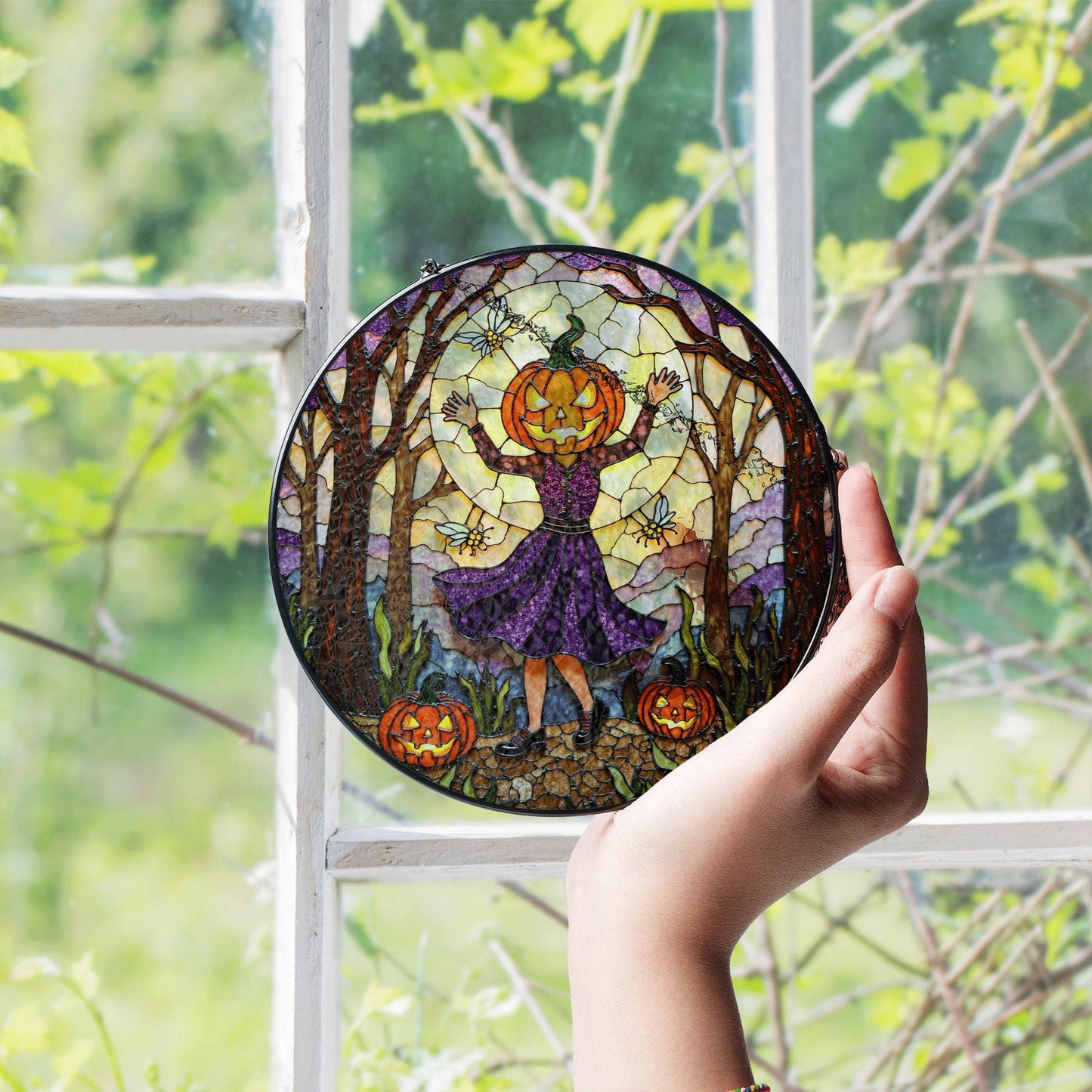 Pumpkin Head Girl in Forest Halloween Suncatcher Window Decor Gift