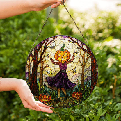 Pumpkin Head Girl in Forest Halloween Suncatcher Window Decor Gift