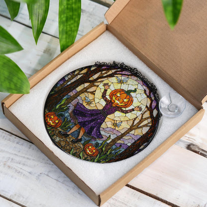 Pumpkin Head Girl in Forest Halloween Suncatcher Window Decor Gift