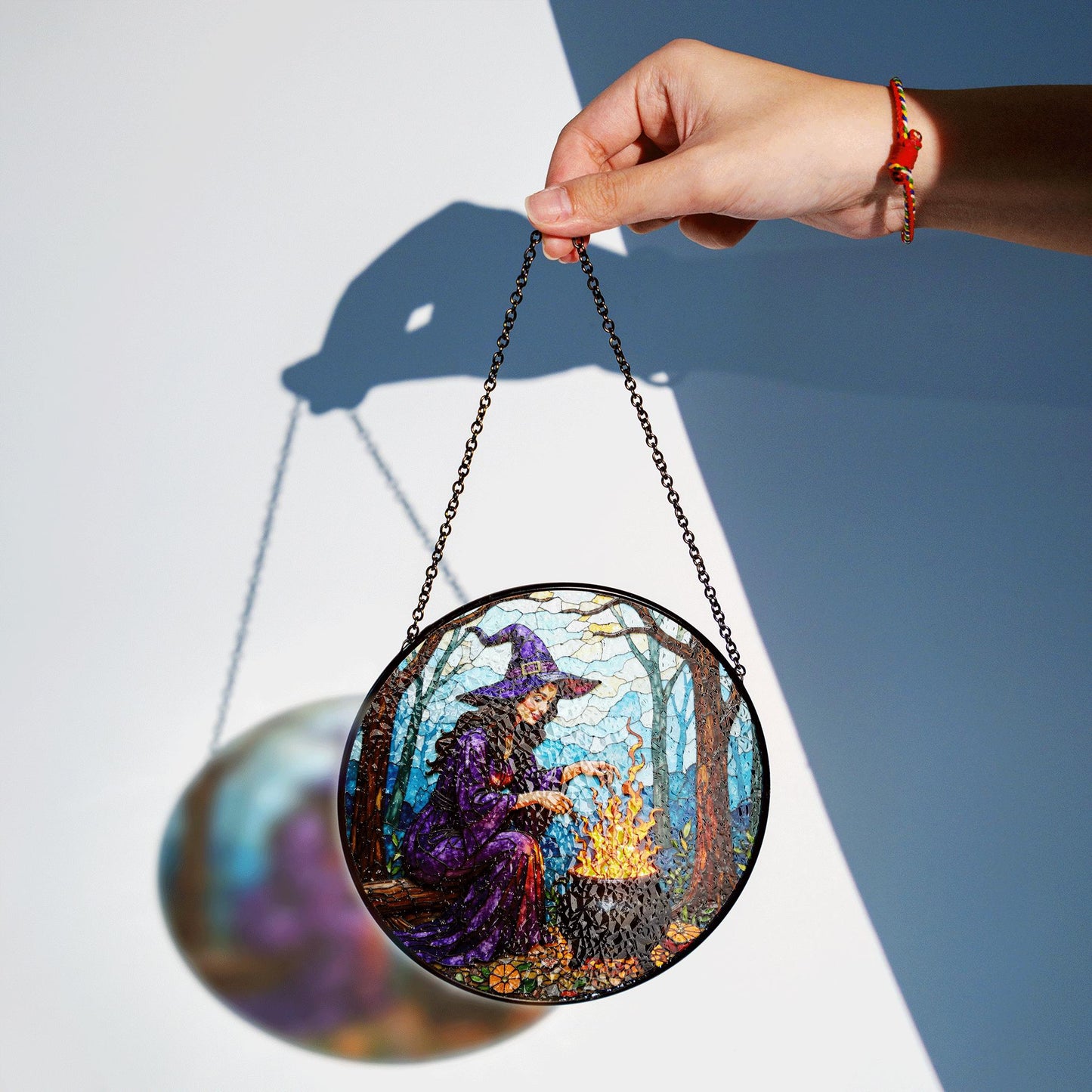 Witch by Cauldron Purple Dress Halloween Suncatcher Window Hanging Gift for Spooky Season Lovers