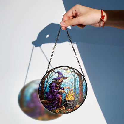 Witch by Cauldron Purple Dress Halloween Suncatcher Window Hanging Gift for Spooky Season Lovers