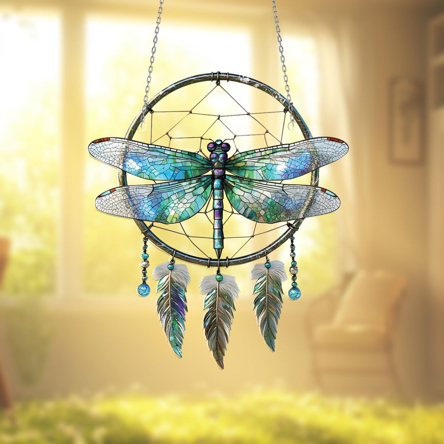 Dragonfly Dreamcatcher Window Hanging – Whimsical Boho Decor with Feathers for Peaceful, Nature-Inspired Living Spaces