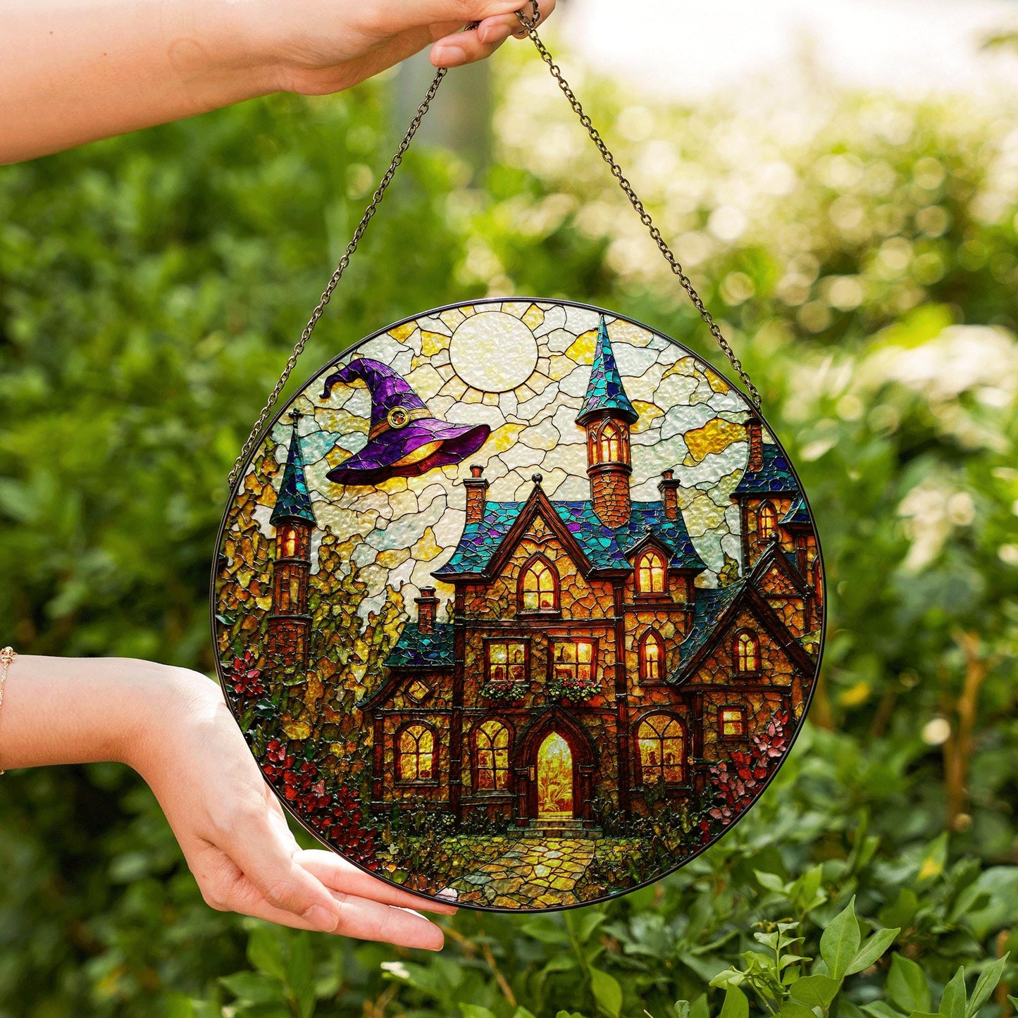 Enchanted haunted house suncatcher Halloween window hanging gift for witch lovers or spooky home decor