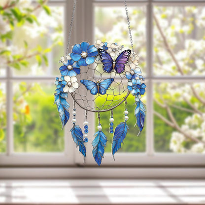 Blue Butterfly Dreamcatcher Window Hanging – Whimsical Floral Decor with Feathers for Boho Homes, Spiritual Corners, or Gift Ideas