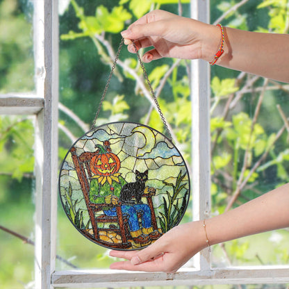 Pumpkin scarecrow with black cat Halloween stained glass suncatcher gift for her or mom