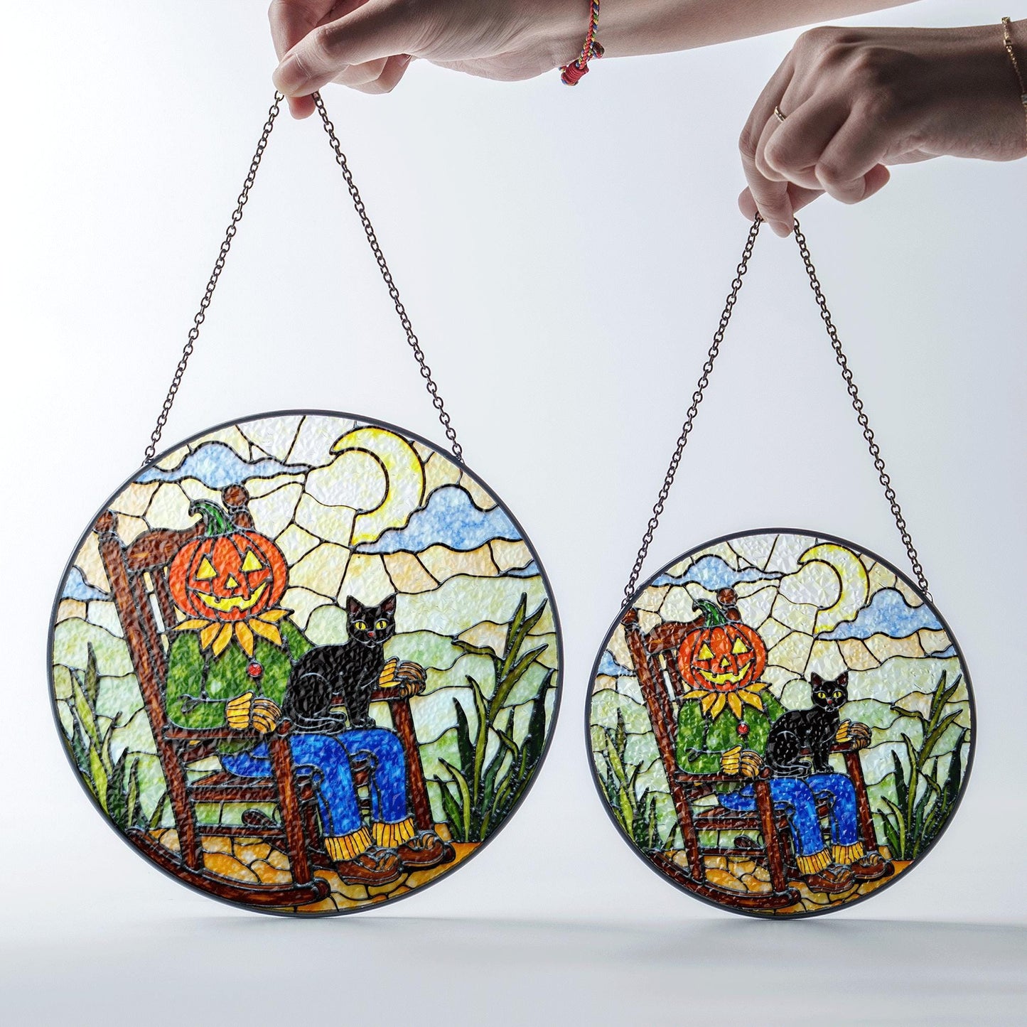 Pumpkin scarecrow with black cat Halloween stained glass suncatcher gift for her or mom