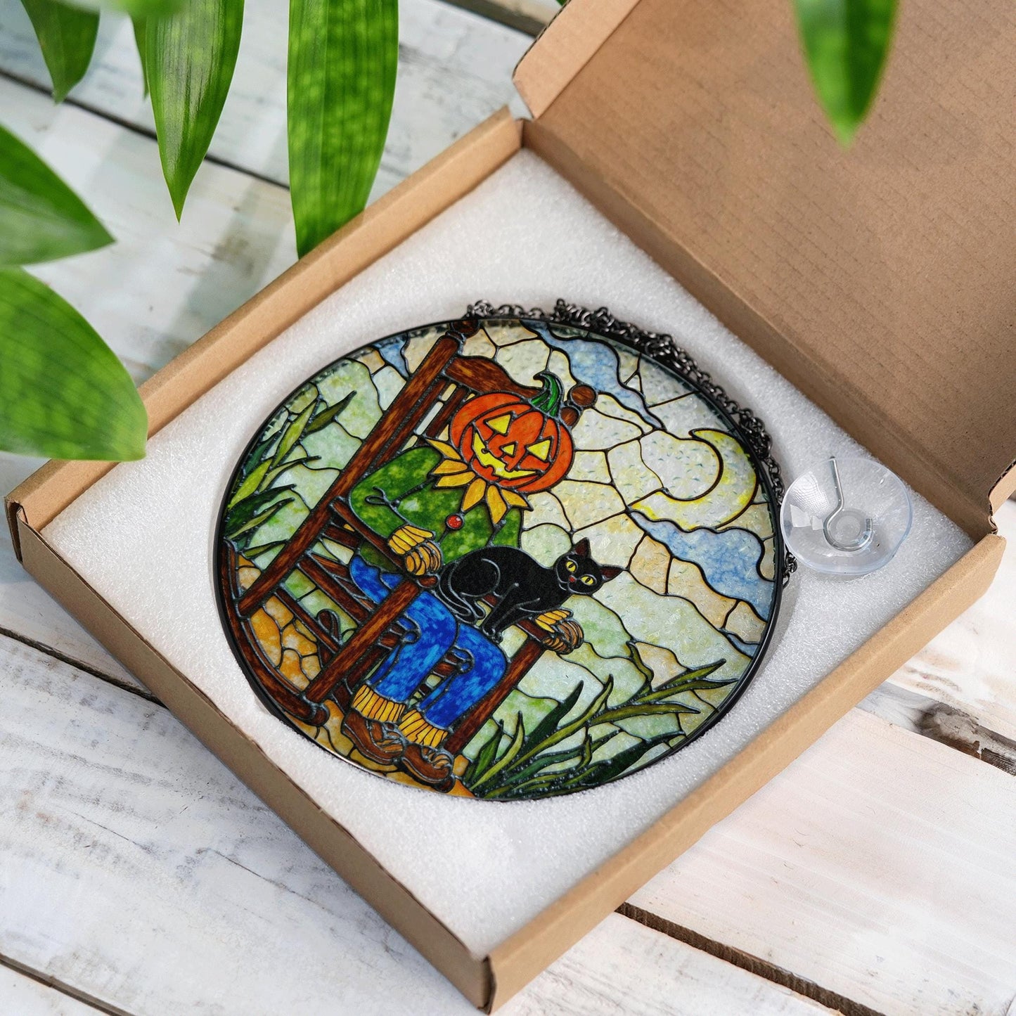 Pumpkin scarecrow with black cat Halloween stained glass suncatcher gift for her or mom