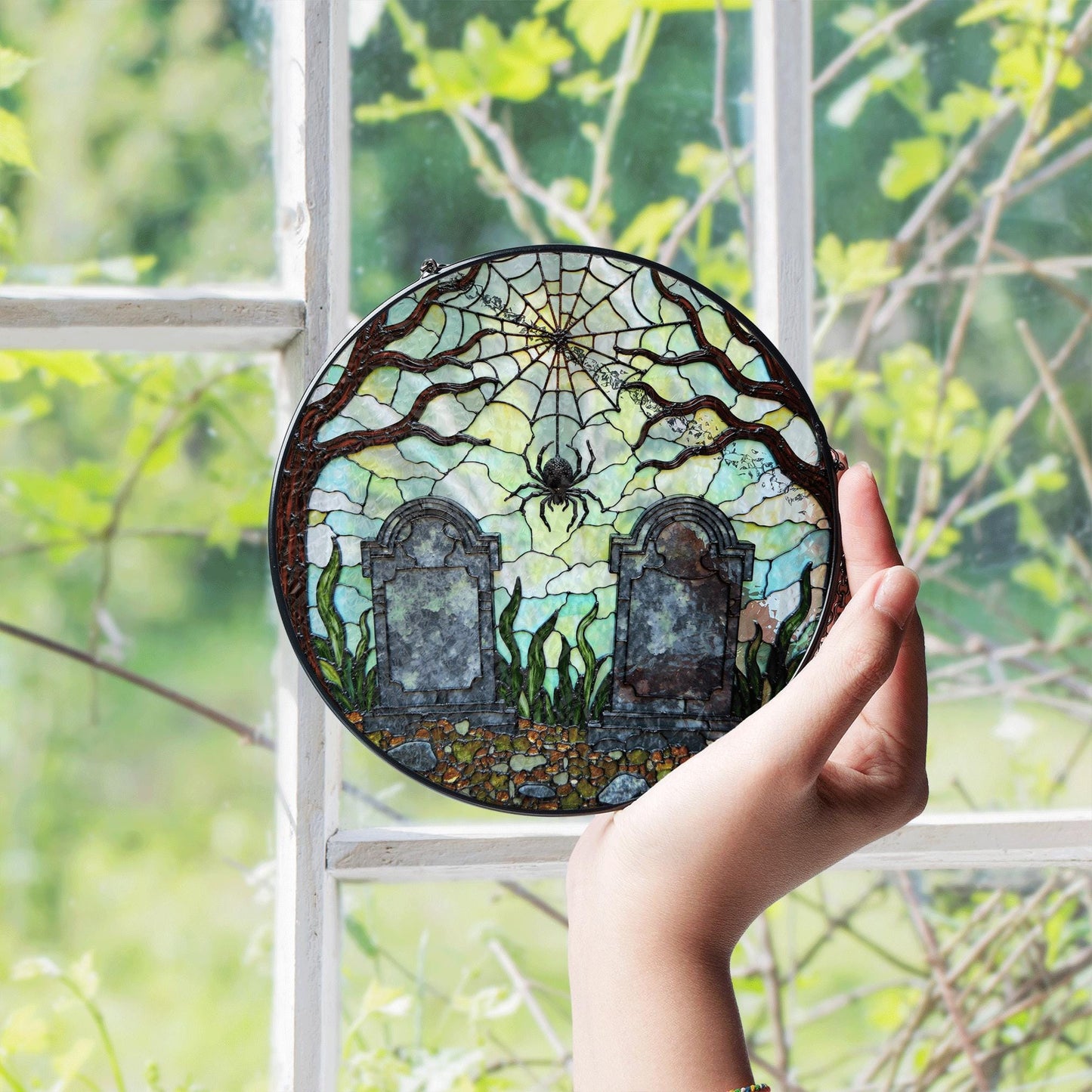 Haunted graveyard spider web suncatcher Halloween window hanging gift for spooky decor lovers