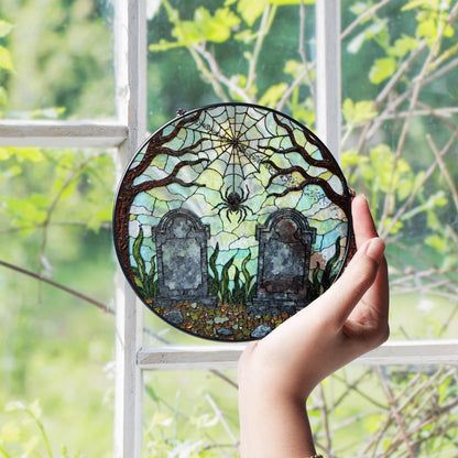Haunted graveyard spider web suncatcher Halloween window hanging gift for spooky decor lovers