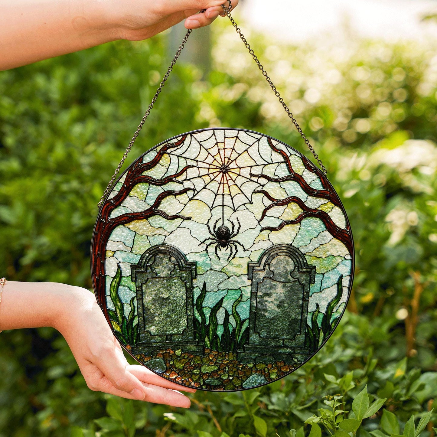 Haunted graveyard spider web suncatcher Halloween window hanging gift for spooky decor lovers