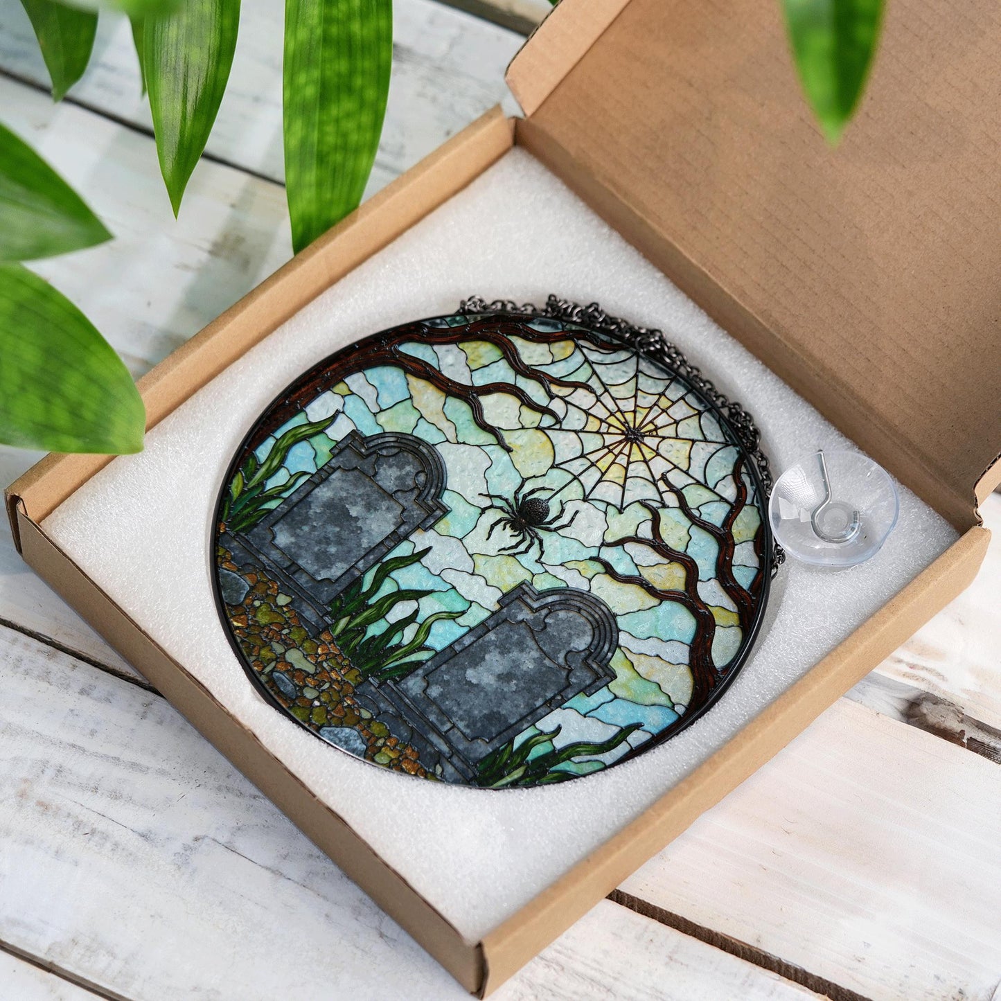 Haunted graveyard spider web suncatcher Halloween window hanging gift for spooky decor lovers