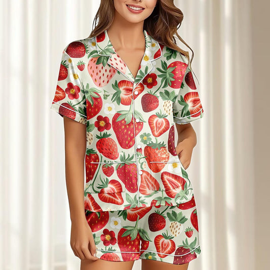 Strawberry Satin Pajamas Short Set, Red Fruit Summer Sleepwear, Red Berry Pjs, Short Sleeve Loungewear, Matching Pajamas, Gift For Her
