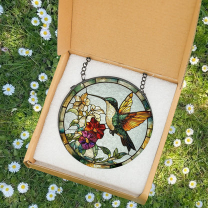 Hummingbird and Flower stained glass, Tiffany Glass Bird Window Hanging, Stained Glass Hummingbird Suncatcher,