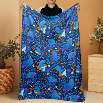 Wooper and Quagsire Blanket, Fleece Cotton Throw Blanket, Cozy Blue Bed Sofa Decor, Kawaii Axolotl Style Blanket, Wooper Blanket Gifts