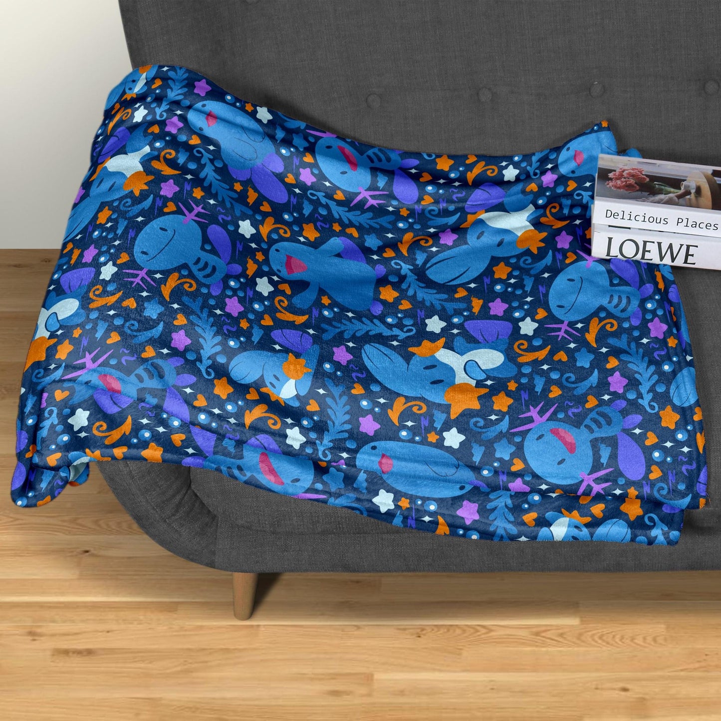 Wooper and Quagsire Blanket, Fleece Cotton Throw Blanket, Cozy Blue Bed Sofa Decor, Kawaii Axolotl Style Blanket, Wooper Blanket Gifts