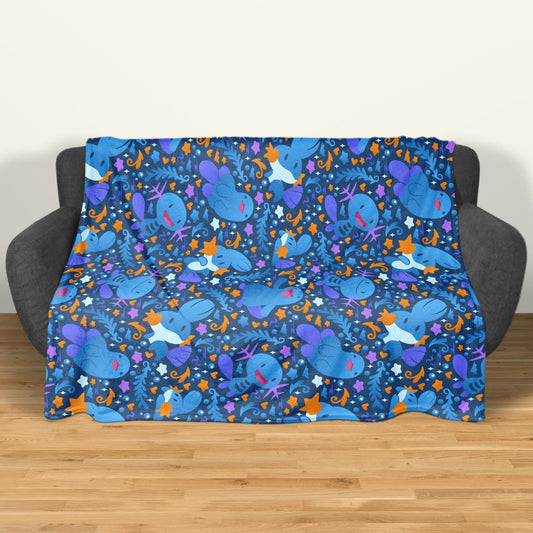 Wooper and Quagsire Blanket, Fleece Cotton Throw Blanket, Cozy Blue Bed Sofa Decor, Kawaii Axolotl Style Blanket, Wooper Blanket Gifts