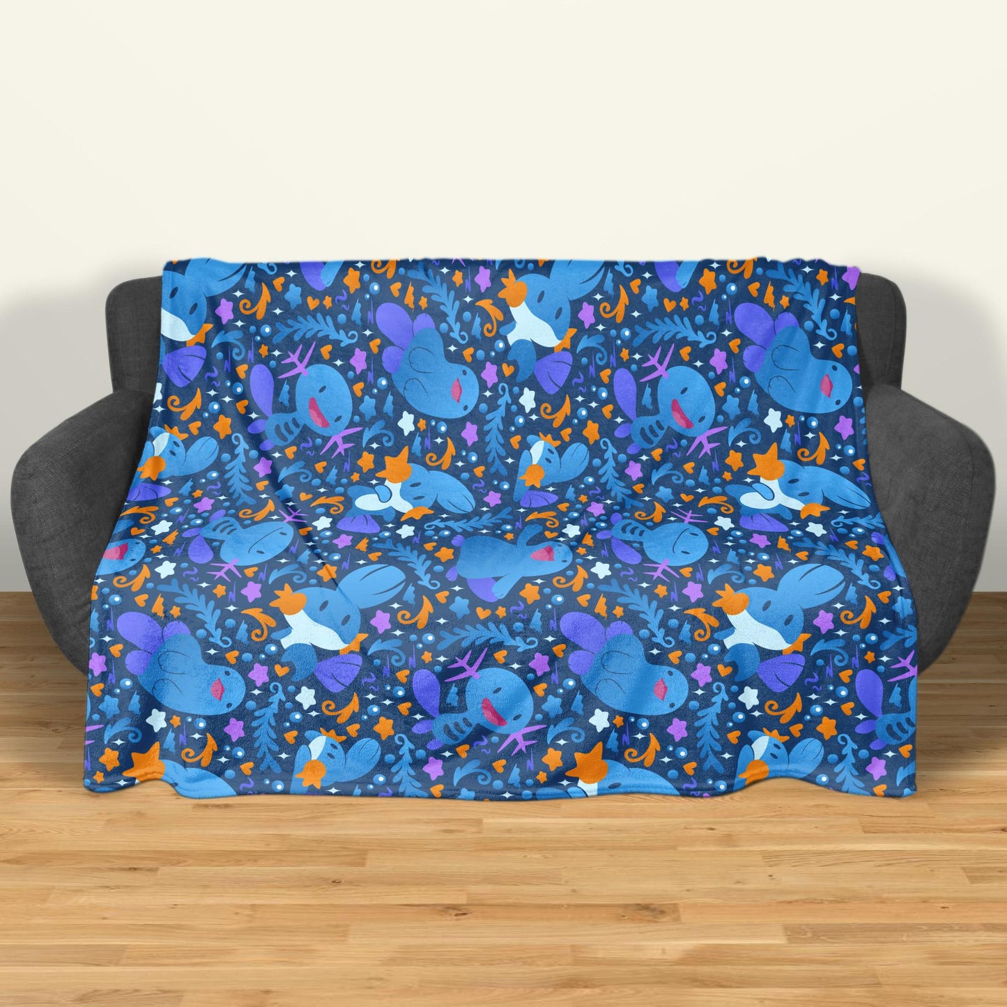 Wooper and Quagsire Blanket, Fleece Cotton Throw Blanket, Cozy Blue Bed Sofa Decor, Kawaii Axolotl Style Blanket, Wooper Blanket Gifts