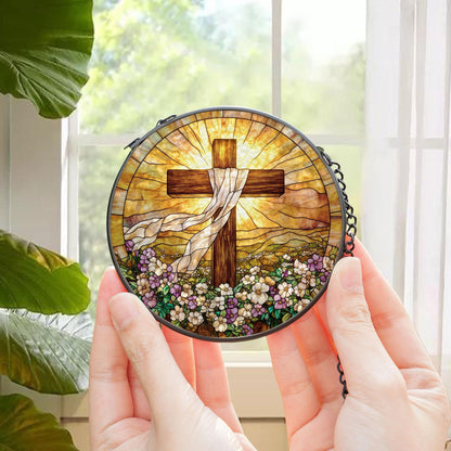 Stained Glass Cross And Wildflowers Suncatcher, Christian Glass Suncatcher, Flower Cross Gift For Religious Easter Faith Cross Home Decor